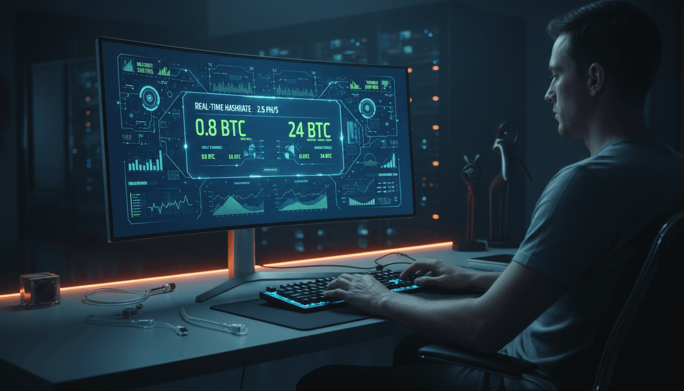Professional cryptocurrency miner monitoring real-time earnings and hashrate data on a dark-themed dashboard