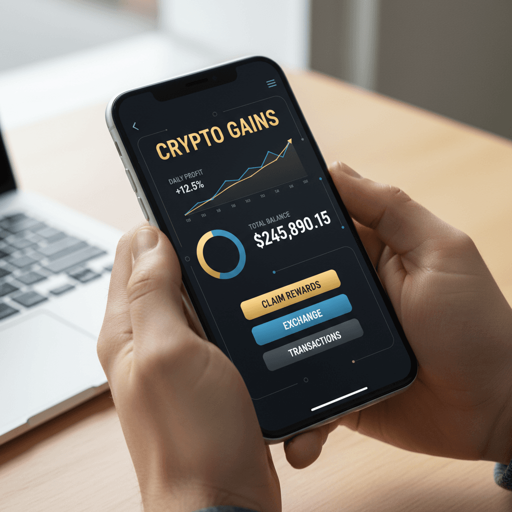 Dark-themed CryptoMine dashboard displaying mining charts and earnings on smartphone