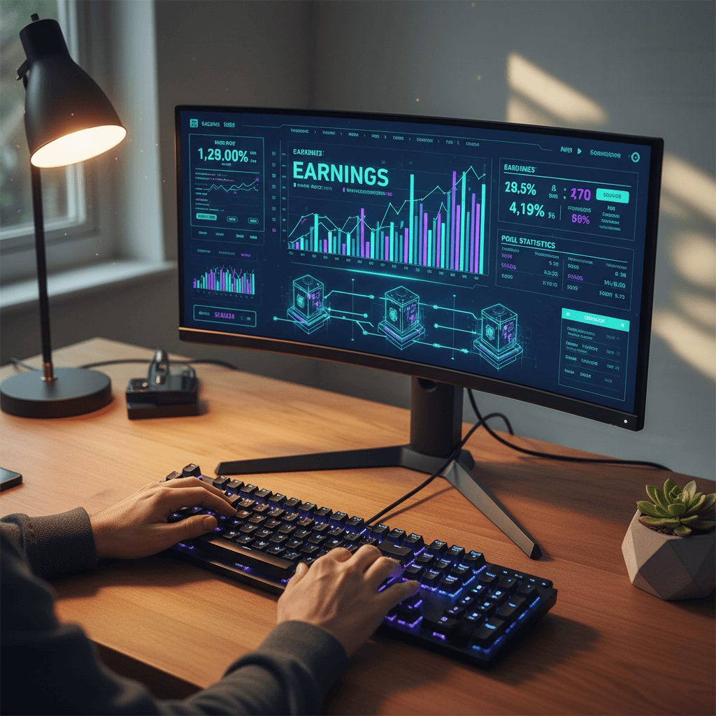 CryptoMine dashboard displaying mining metrics and transaction history